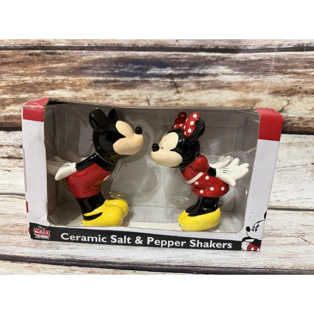 Disney Mickey & Minnie Mouse Ceramic Salt & Pepper Shakers Set New In Box